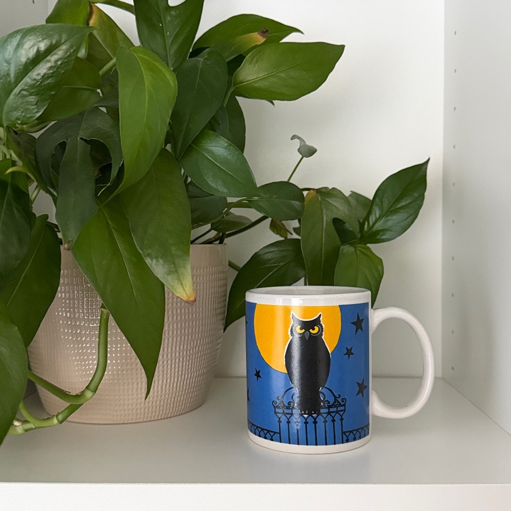 Halloween Coffee Mug - Black Owl - Full Moon - Cemetery Graveyard Fence - Stars
